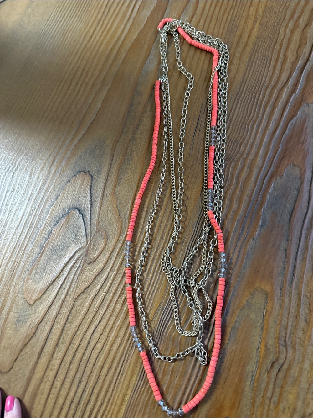 Multi-Strand Coral Bead & Silver Chain Necklace - Unbranded